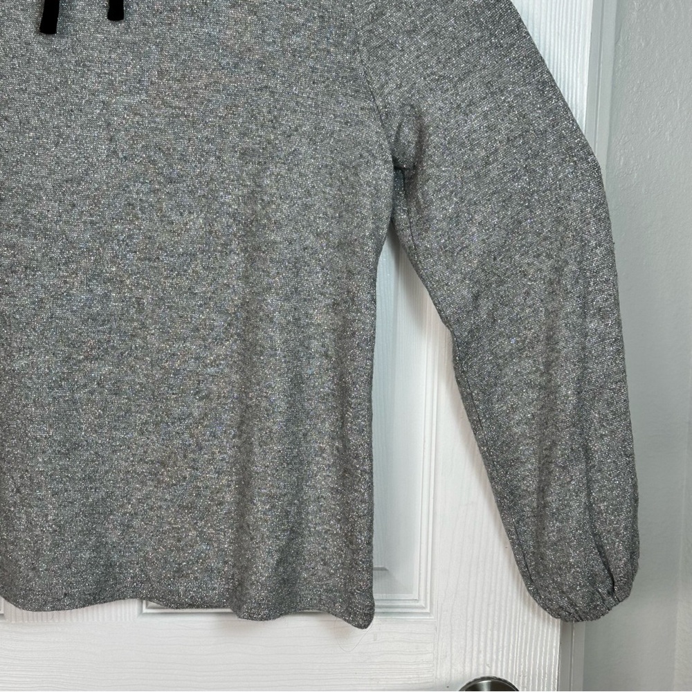Talbots Gray Metallic Ruffle Neck Sweater L Long Sleeve Velvet Bow Back Holiday - Picture 8 of 12